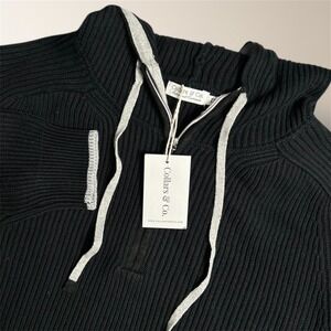 Collars & Co Mens 2XL Black Rib Knit Quarter Zip Hooded Sweater Cotton Cashmere